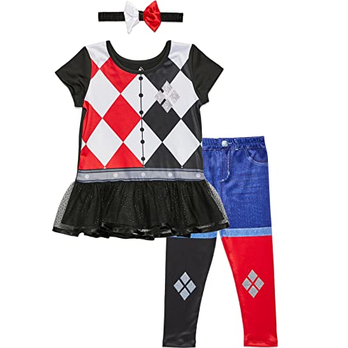 WARNER BROS. Harley Quinn Toddler Girls Cosplay Costume Dress Leggings and Headband 3 Piece Set 2T