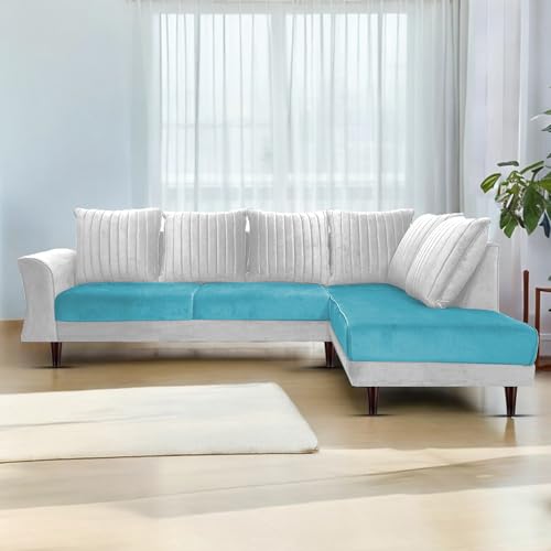 Image of Gratly RHS 4 Seater L Shape Sofa Set for Living Room (Turquise Grey Colour) Premium Fabric Sofa