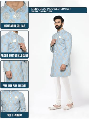 Men's Sherwani Set with Churidar – Printed Pure Cotton Ethnic Set with Mandarin Collar – Indian Wedding & Festive Wear with Churidar for Diwali, Eid & Celebrations, Sky-Blue, 383