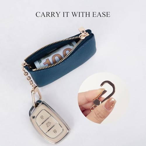 Image of Full Grain Leather Coin Purse with Key Chain - Small Change Purse Keychain Card Holder Keychain Pouch Small Keychain Wallet for Women and Men (Navy Blue), LA-2312