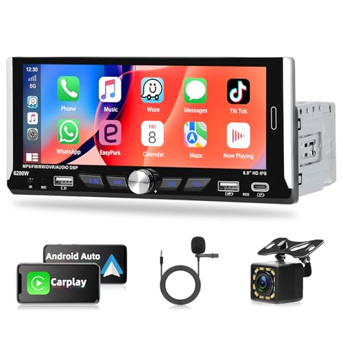 Autorradio de Coche Motorsi de un 1 DIN con Carplay Android Auto,Pantalla Táctil IPS de 6,9', Bluetooth, Retroiluminación Colorida,Ecualizador,FM,RDS,Puertos USB y Tipo C+Cámara de Marcha Atrás