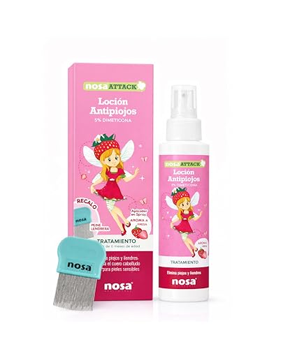 NOSA ATTACK Loción Capilar Antipiojos Infantil Fresa con Dimeticona 5% Para Piojos y Liendres Desde 6 Meses que Incluye Peine Lendrera 100 ml Uso Familiar Cabello Suave Fácil de Peinar en Casa