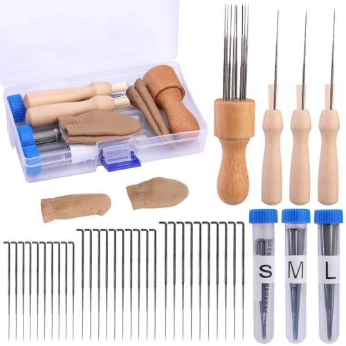 KAMAIKA 36 Stück Filzen Starterset Filznadeln Zum Trockenfilzen in 3 Größen Nadelfilzen Set Mit Filznadel Filznadelgriff Aus Holz Filz Set Für Filzen Handarbeit Trockenfilzen