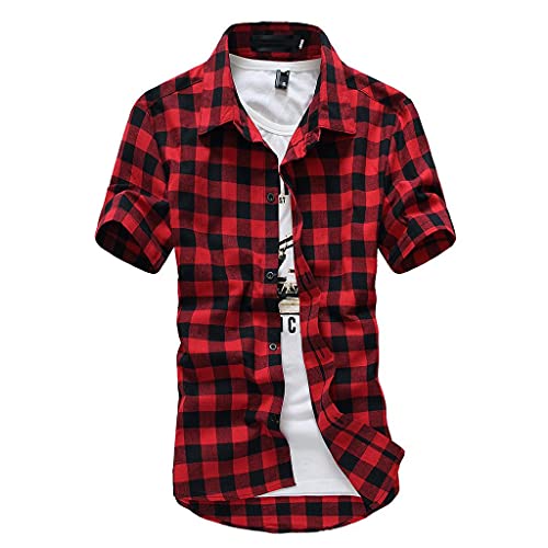 Burband Mens Fashion Short Sleeve Flannel Shirts Slim Fit Causal Button Down Plaid Designer Shirts Camisas de Hombre Red