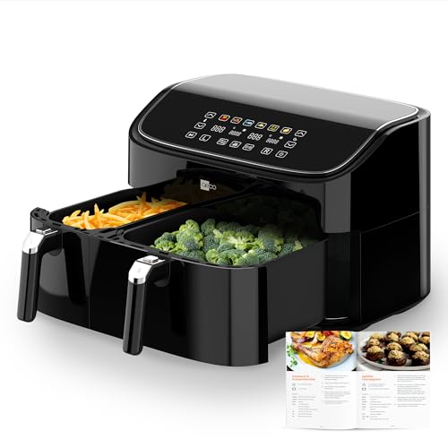 aeco DUO Doppelkammer AirFryer 9 Liter (3l & 6l, Sync-Funktion, Heißluftfritteuse mit digitalem Touch-Display & Dehydrierungsfunktion, 2850 Watt, 80°-200° einstellbar, 6 Programme, inkl. Rezeptheft)