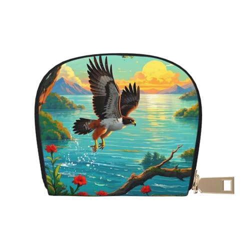 Hawk's Horizon Print Credit Card Holder, PU Leather Small Card Bag Wallets with Zipper for Women Men id Business Card