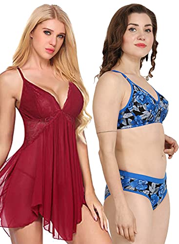 Image of Love Maker Lace Net Stylish Women Nightwear with Cotton Bra Panty Set for Women, Non Padded Bra Panty Set for Women & Night Wear Honeymoon Nighty for Women.