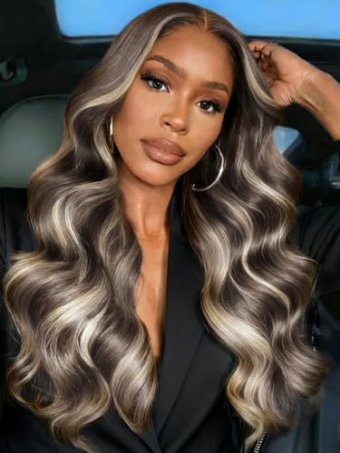 Image of KLAIYI Bye Bye Slip Pre Everything 13x4 Loose Wave Lace Front Ash Brown Platinum Blonde Human Hair Wig with Face Framing Bang Drawstring Glueless Pre Plucked Bleached Knots 30S Wear and Go Wig 20Inch