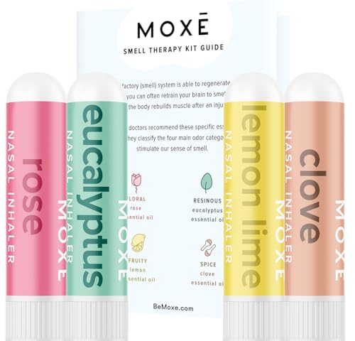 MOXĒ Smell Training Kit, Made in USA, 4 Essential Oils, Olfactory Regeneration, Helps Restore Sense of Smell, Natural Therapy for Smell Loss, Lemon, Rose, Clove, Eucalyptus, Guidebook, Personal Log