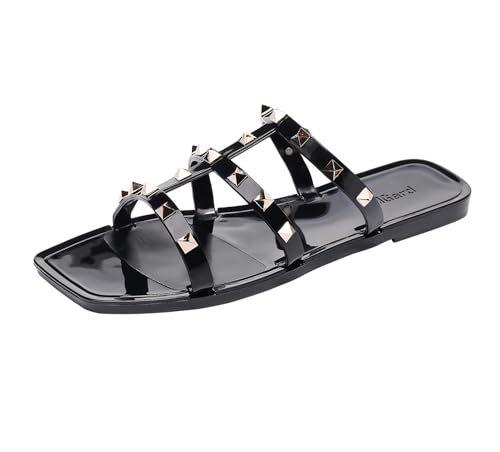 Image of Women Flats Sandals, Studded Jelly Shoes Size 9 Red Dressy Summer Beach Rivets Strappy Jellies Slide Slip On Open Toes