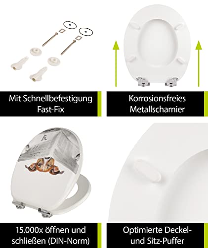 aquaSu® WC-Sitz mit Absenkautomatik, lustiges Dekor Lesestoff, Toilettensitz mit Holz-Kern & Fast Fix Schnellbefestigung, universale O Form, mit Metallscharnieren, Toilettendeckel witzig, 40264 4
