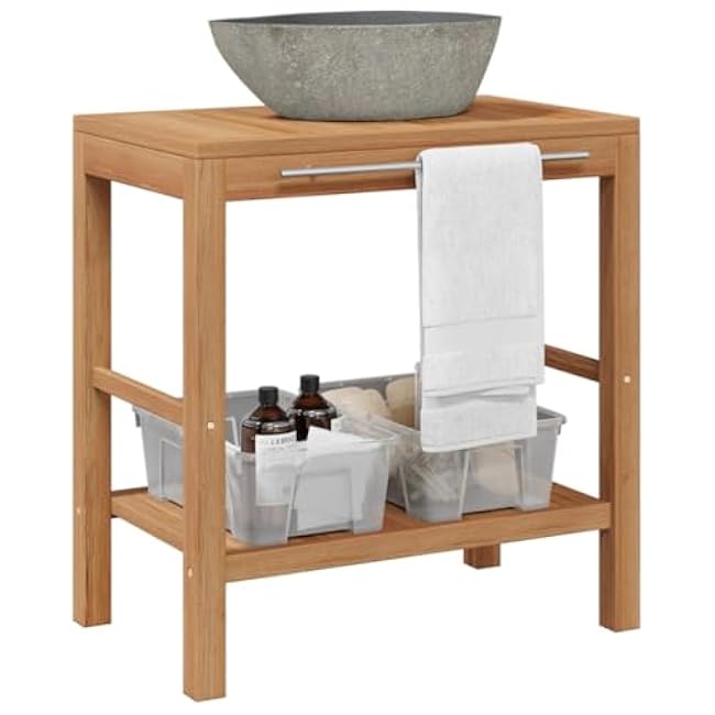 Enhance Bathroom Storage with Solid Teak Cabinet and Riverstone Sink, Durable Design, Built-in Handrail for Convenience