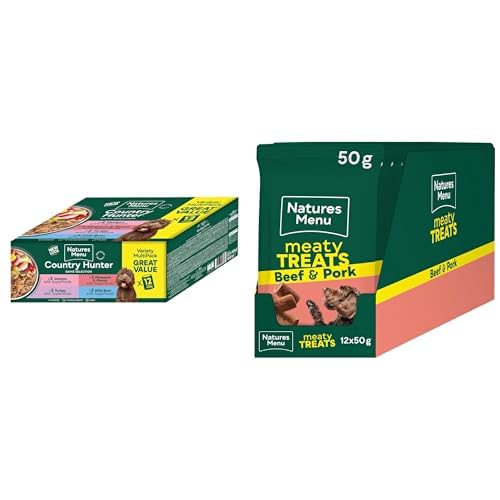 Natures Menu Country Hunter Multipack Game Meat Selection Dog Food - 12 x 400g + Natures Menu Meaty Treats for Adult Dogs with Beef - 12 x 50g