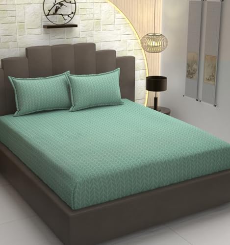 Image of Premium Pure Cotton 220 Tc Flat Double Bed Bedsheets for Summer Breathable | Wrinklefree (Size-228 X 254 Cm) with 2 Pillow Covers (Size-18 X 28 Inches, Green) - Floral