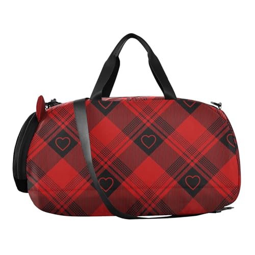 Buffalo Plaid Red Black Hearts Kids Duffel Bag with Shoes Compartment Multifunctional Overnight Weekender Carry On Travel Bag for School Practice, Sports, Travel2