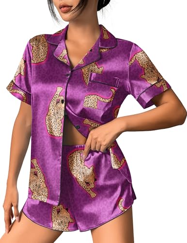 Image of Ekouaer Womens Silk Satin Pajama Set Print Short Sleeve Sleepwear Button Down Pjs Shorts Set Loungewear
