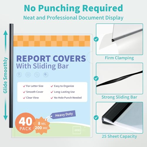 Image of Heavyduty Clear Report Covers with Sliding Bars, 25 Sheet Capacity, 40 Pack | Clear Report Covers for A4 and Letter Size, 5mm Bars, 8 Mil Thick, Black, for Resumes, Presentations, School and Business