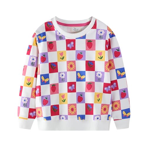 Image of QHKEPW Girls Clothes Butterfly Strawberry Flower 4-5 Years Kids Jumper Toddler Top Long Sleeve Round Neck Cotton Casual Sweatshirt T Shirt White