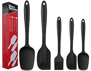 Silicone Spatula Set Kitchen Heat Resistant Non Stick Coating with Steel core Utensils for Cooking Baking Cake Decorating Rubber Spatula Turner Spoonula (Set of 5 Black)