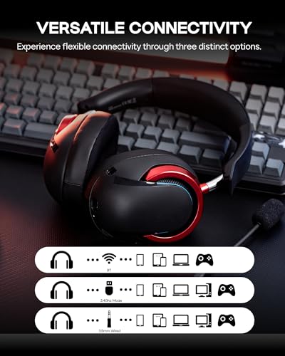 Image of MechLands Aula A700 Wireless Gaming Headset with 7.1 Surround Sound, 50mm Driver, 2.4GHz /BT /Wired, Gaming Headphone with Noise Canceling Mic, RGB Light, 40H Battery, for PS4 /PS5 /PC /Switch (Black Red)