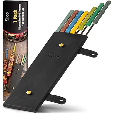 Skoo Barbecue Skewers Set - 7 Silicone Handled Stainless Steel BBQ Skewers + Silicone Storage Bag - 14" Flat Metal Shish Kebab Skewers for Grilling - Reusable Grill Kabob Skewer Sticks + Rollable Bag Cover