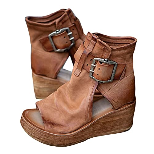 ORANDESIGNE Sandalias de Cuña Cómodas con Hebilla para Mujer Cuero PU Vintage Sandalias de Playa Boho Sandalias de Cuña con Cremallera Lateral A Marrón 41 EU