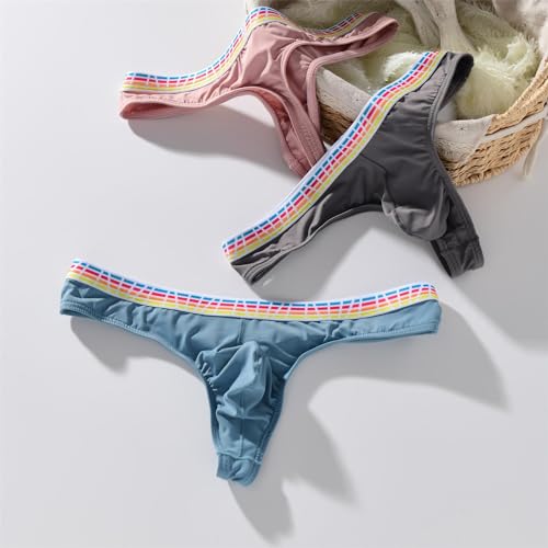 Men's T-Back Sexy Quick-dry Breathable Rainbow Ice-silk Thongs 3-Pack2