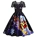 YANGTUO Robe Femme Robe Noel Robe Sexy En Dentelle à Manches Courtes Et Col Rond Robe De SoiréE RéTro Impression D'éLéMents De NoëL Robe De Cocktail PlisséE à La Taille