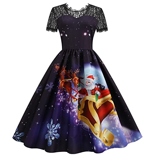 Weihnachtskleid Damen Lustig Elegant Kurzarm Spitze Patchwork Abendkleider Elegant 50er Jahre Rockabilly Kleid Vintage Cocktailkleid Weihnachten...