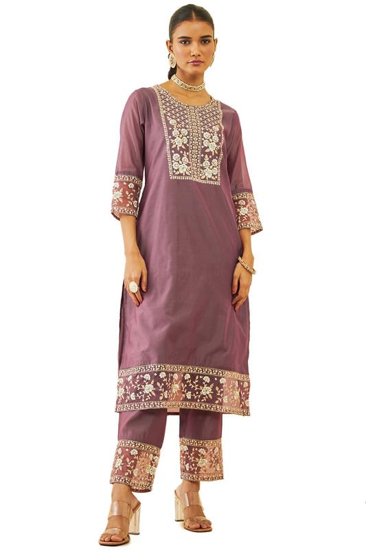 Image of Soch Womens Onion Pink Chanderi Floral Embroidered Straight Suit Set with Sheer Panels