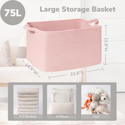 Goodpick Large Blanket Basket, Woven Baskets for Storage, Large Baskets for Organizing, Rectangle Toy Basket for Nursery, Bedroom, 21.6" x 14.9" x 11.8", Pink