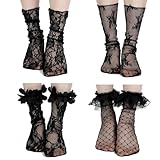 4 Pairs 4 Styles Sheer Lace Socks Women, Loose Black Laces Ruffle Socks Women, Vintage Mesh Cutout Lace Ankle Sock Lacy Sock, for Halloween Costume Accessories or Daily Clothing Accessories