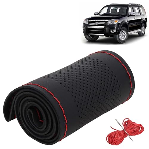 Image of KINGSWAY PU Leatherite Car Steering Cover Sewable Compatible with Ford Endeavour (Year 2009-2015), Black Color with Red Thread, Pack of 1 with Sewing Needle and Thread