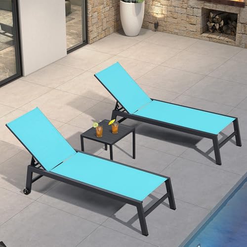 Image of PURPLE LEAF Patio Chaise Lounge Set 4 Pieces Aluminum Outdoor Lounge Chairs with Wheels and Side Table Sunbathing Recliner Turquoise Blue