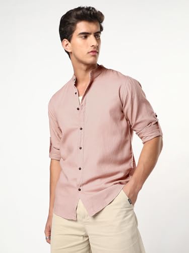 Image of Urbano Fashion Men's Linen Blend Full Sleeve Relaxed Fit Mandarin Collar Casual Solid Shirt