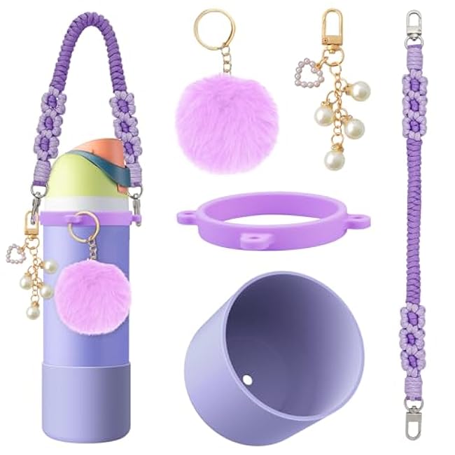 Silicone Boot Set Accessories for Owala Water Bottle 24 oz, Including Handle Strap Protective Sleeve Plush Ball Keychains for FreeSip, Twist, and Flip Stainless Steel Water Bottles(Purple)