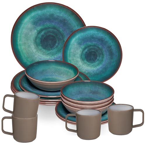 Vaisselle en mélamine pour 4 personnes - 16 pièces - Vaisselle de camping - Aspect argile bleu - Élégant - Passe au lave-vaisselle