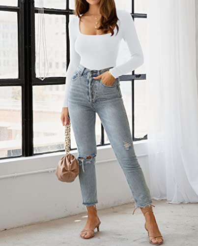Bonitee Long Sleeve Ribbed Knit Bodysuit Top For Women Square Neck Slim Fitted Basic Tunic Blouse Jumpsuit White Medium #TOP2