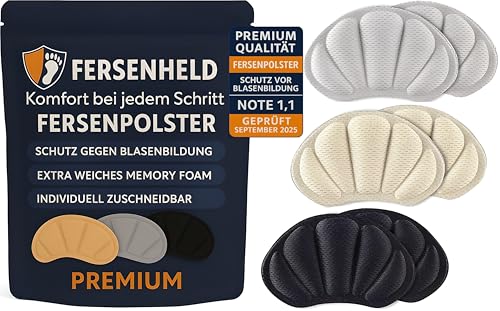 Fersenheld Premium Fersenpolster gegen Blasen & Rutschen [3 Paar] Atmungsaktiver Fersenschutz Weiche hautfreundliche Schuheinlagen für zu große oder scheuernde Schuhe.