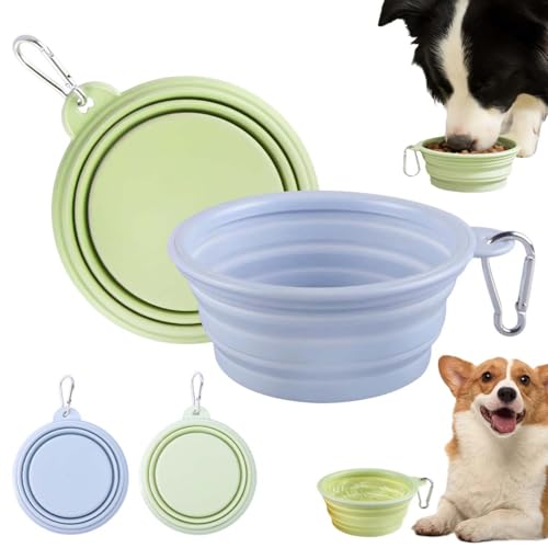 GNALIA Ciotola Portatile Per Cani In Silicone Pieghevole, 2 Pezzi Da Viaggio Con Moschettone, Per Cibo E Acqua, Capacità 350Ml, Colore Blu Grigio E Verde
