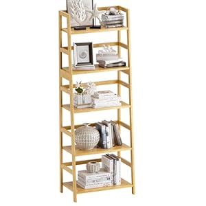 Ladder Shelf, 5-Tier Bookshelf, All Bamboo Heavy Duty Bookcase, Freestanding Open Wood Storage Rack, Modern Corner Display Plant Stand for Living Room, Home Office, Bathroom, Bedroom, Natural