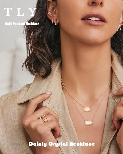 TLY Gold Necklace for Women Non Tarnish 14k Gold Plated Dainty Preppy Pendant Necklace Oval Gemstone Crystal Druzy Stone Rose Quartz Choker Necklace Birthday Wedding Everday Birthstone Jewelry Gifts for Mom3