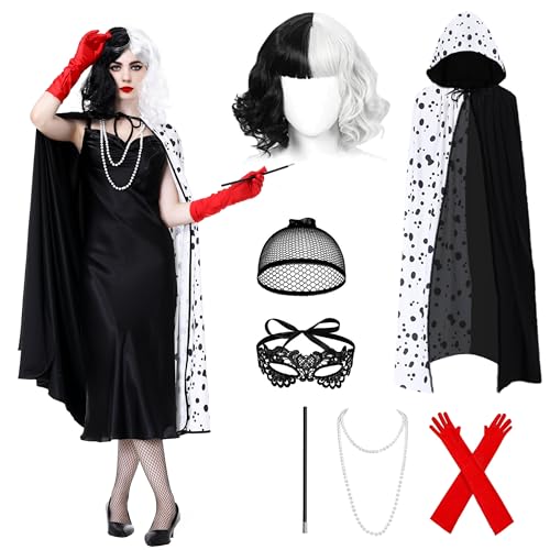 Charmofun 7 Pièces Cruella Deguisement Femme, Déguisement Cruella avec Perruque Cape Noire et Blanche, Deguisement Halloween Femme pour Halloween Carnaval Cosplay Mascarade