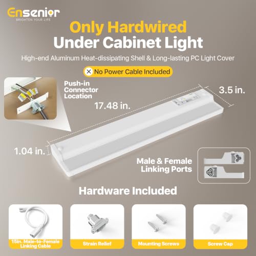 Image of Ensenior Hardwired Under Cabinet Lighting, 18 Inch 10W Under Cabinet Lights | Built-in 4-Level Dimmer & Switch, Premium Aluminum, Easy Link, True-color CRI 90+, 5 Colors, Moisture-Proof, FCC