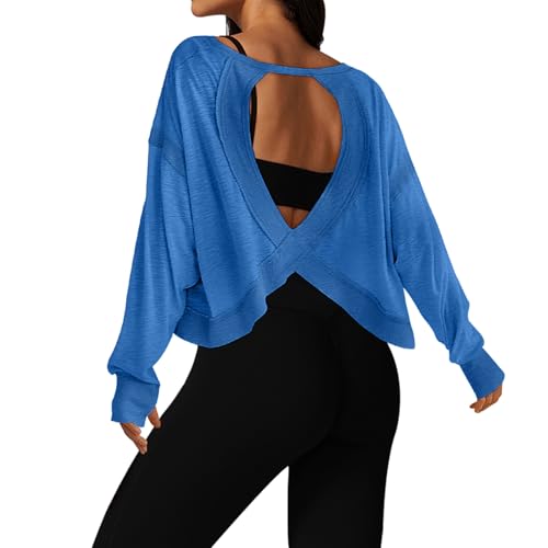 Image of UNIANKIYA Open Back Workout Tops for Women Long Sleeve Cropped Athletic Clothes Gym Running Yoga Low Impact Sports T Shirts