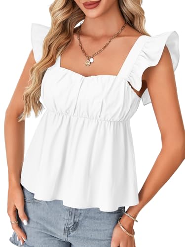Rooscier Women's Square Neck Ruffle Cap Sleeve Ruched Peplum Babydoll Blouse Tank Tops4