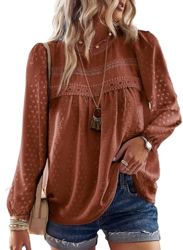 TUUHAW Top Femme Chic et Élégant Automne Bohème Manches Longues Col Rond Tunique Fluide à Point Suisse T-Shirts Chemise Mousseline Hauts Décontracté...
