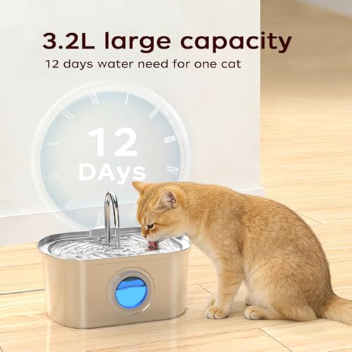 Image of Cat Water Fountain Stainless Steel, 108oz /3.2L | Water Level Window, Quiet Automatic, For Cats and Small Dogs