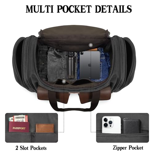 Canvas Duffle Bag for Men 50L Travel Duffel Bags Expandable Genuine Leather Overnight Weekender Carry On Bag Two Zipper Pockets Travel Bag (Black, Large-50L)4