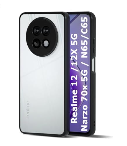 Image of REALCASE Hybrid Armor Back Cover Case for Realme Narzo 70x 5G / N65 / Realme 13 /12 /12X 5G / C65 5G | 360 Protection | Crystal Clear Hard Back Transparent Cover (Clear PC + Black TPU Bumper)